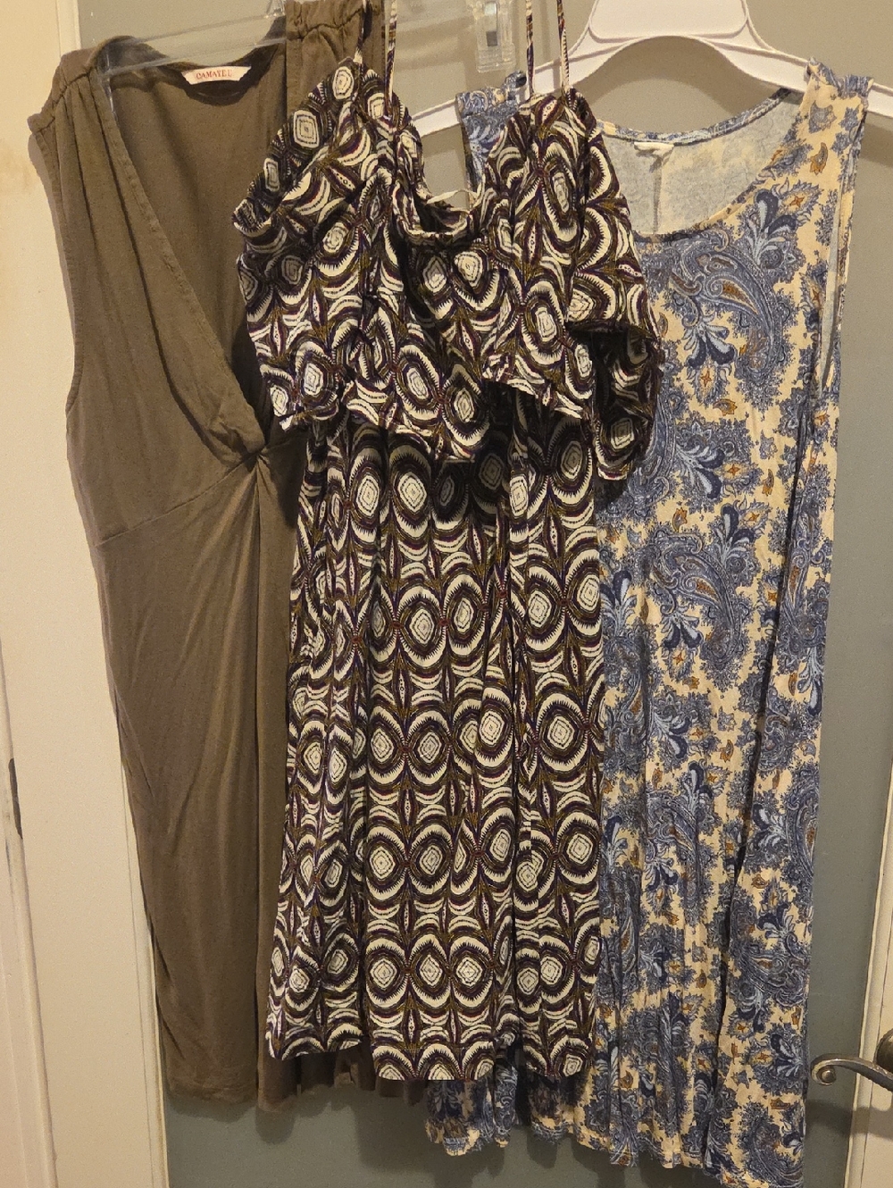 Mixed Print Sundress Trio - Blue Paisley, Olive, Geometric Ruffle